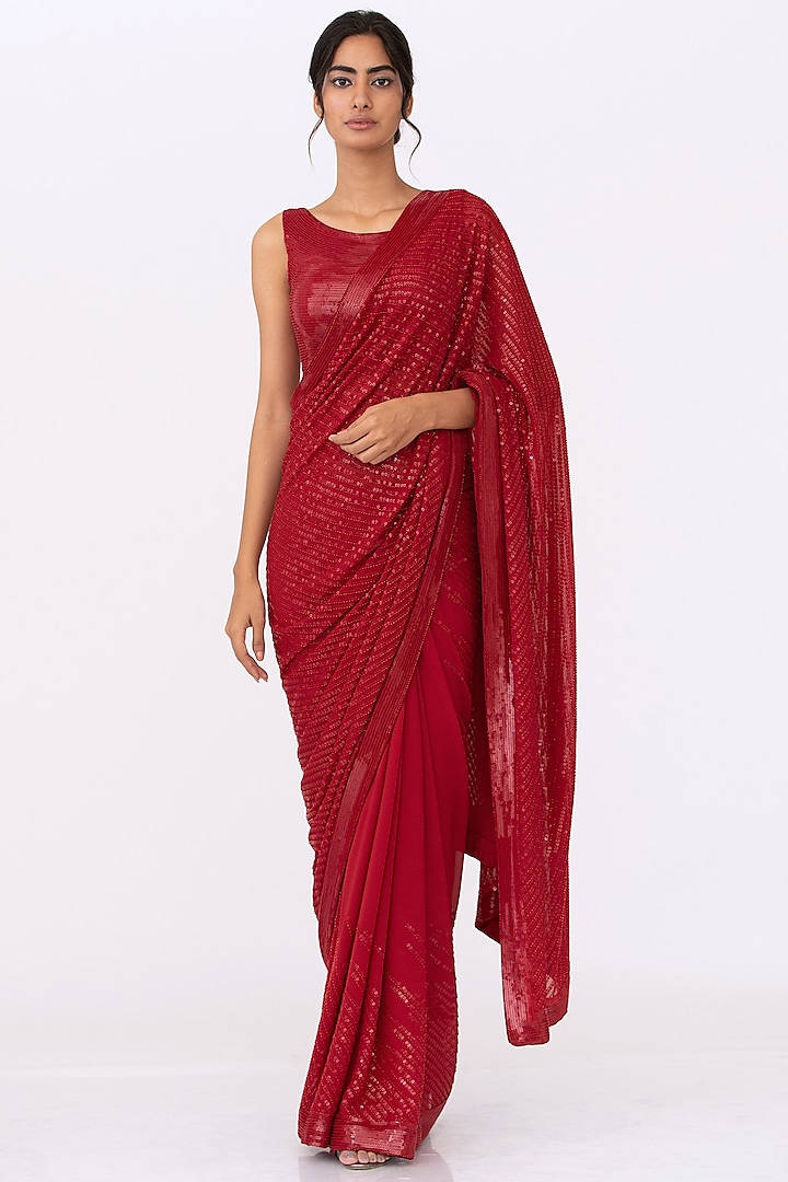  Red Embroidered Saree Set by Nakul Sen
