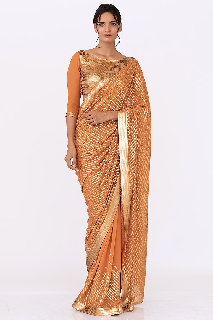 Mandarin Orange Embroidered Saree Set by Nakul Sen