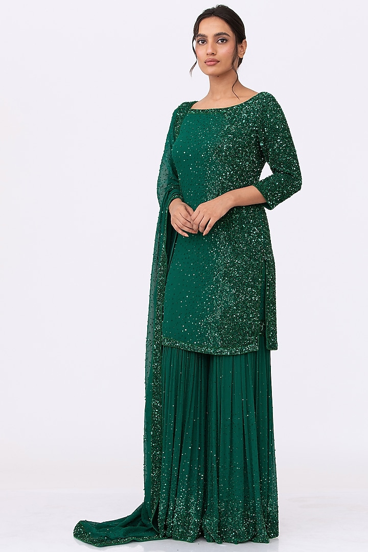 Emerald Green Sequins Embroidered Sharara Set by Nakul Sen