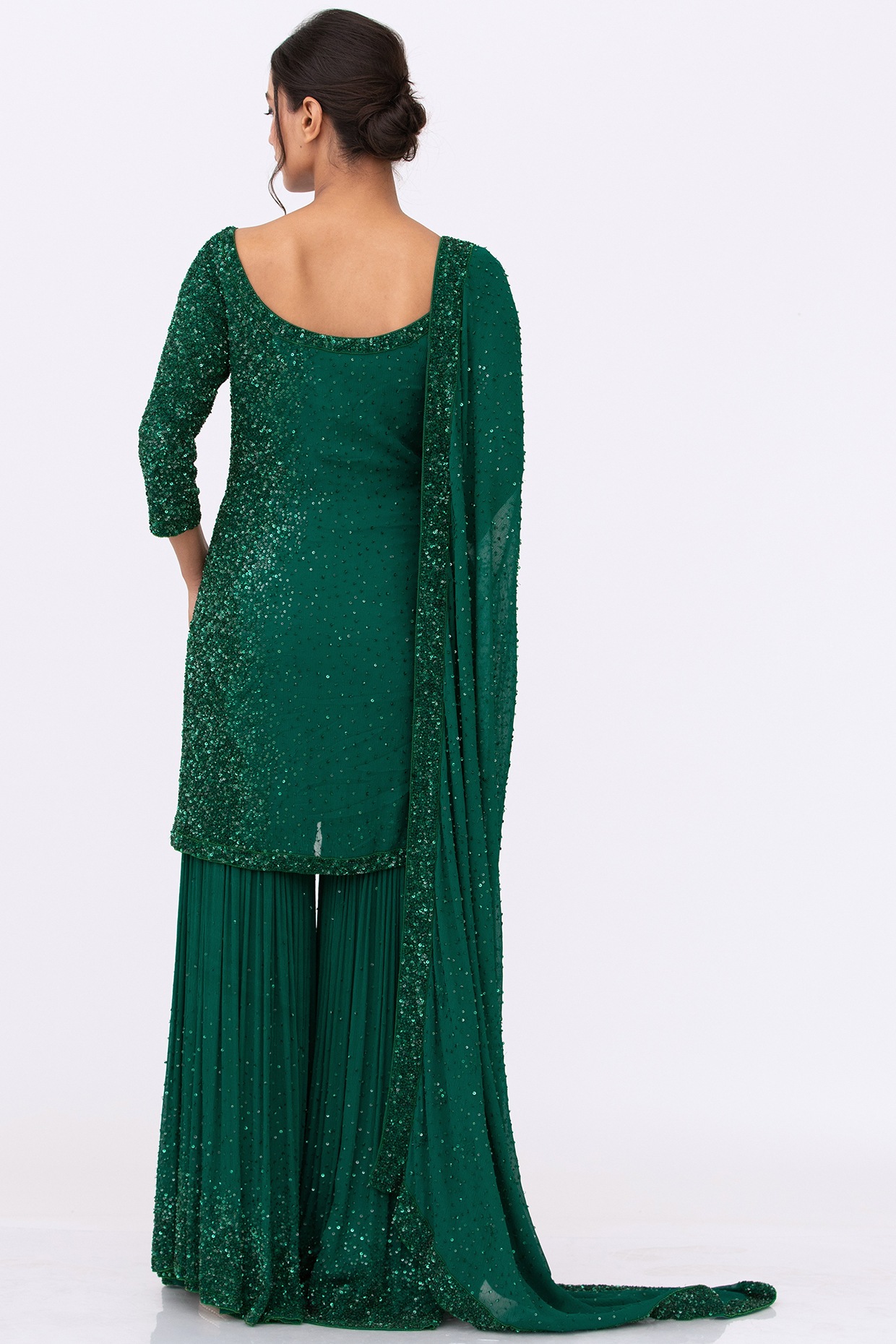 Sequins Embroidered Georgette Saree in Green - Ucchal Fashion