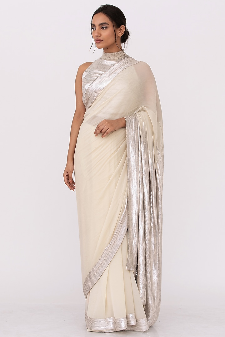 Ivory Embroidered Saree Set by Nakul Sen