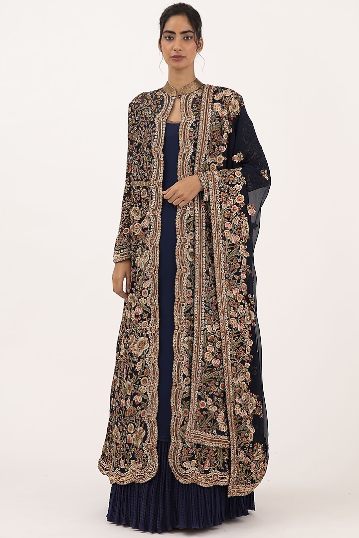 Navy Blue Embroidered Jacket Set WITH PLAIN  INNER by Nakul Sen