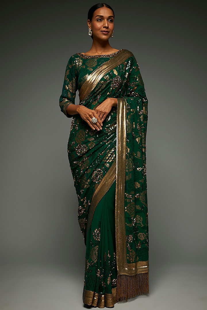 Emerald Green Chiffon Embroidered Saree Set by Nakul Sen