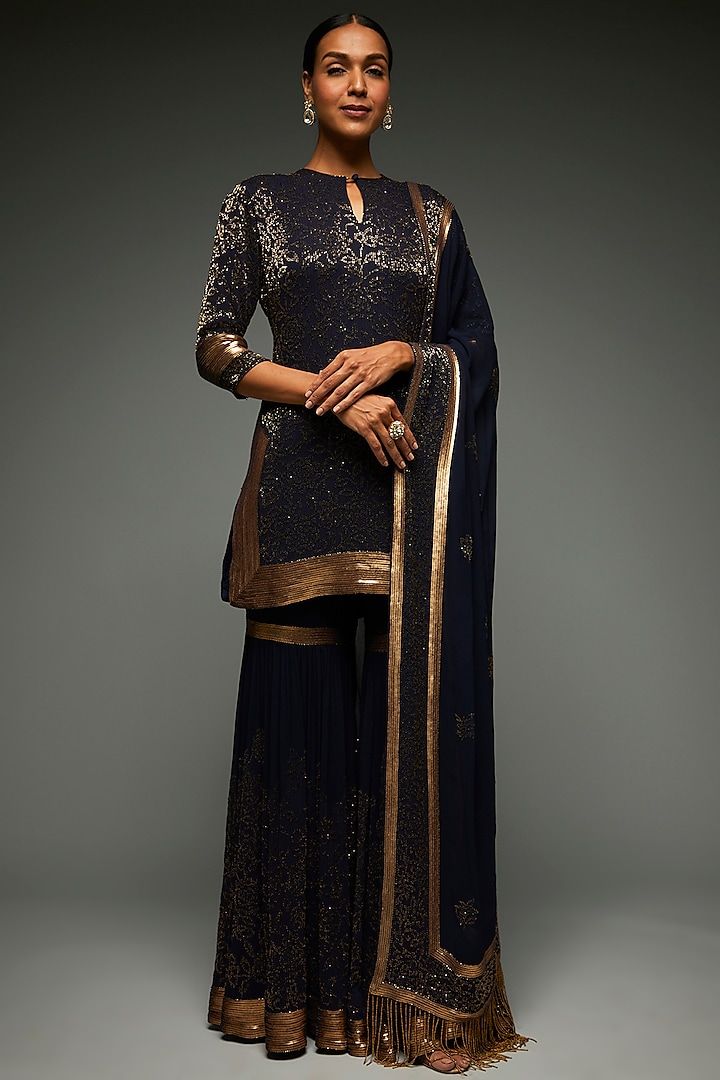 Navy Blue Silk Chiffon Embroidered Sharara Set by Nakul Sen