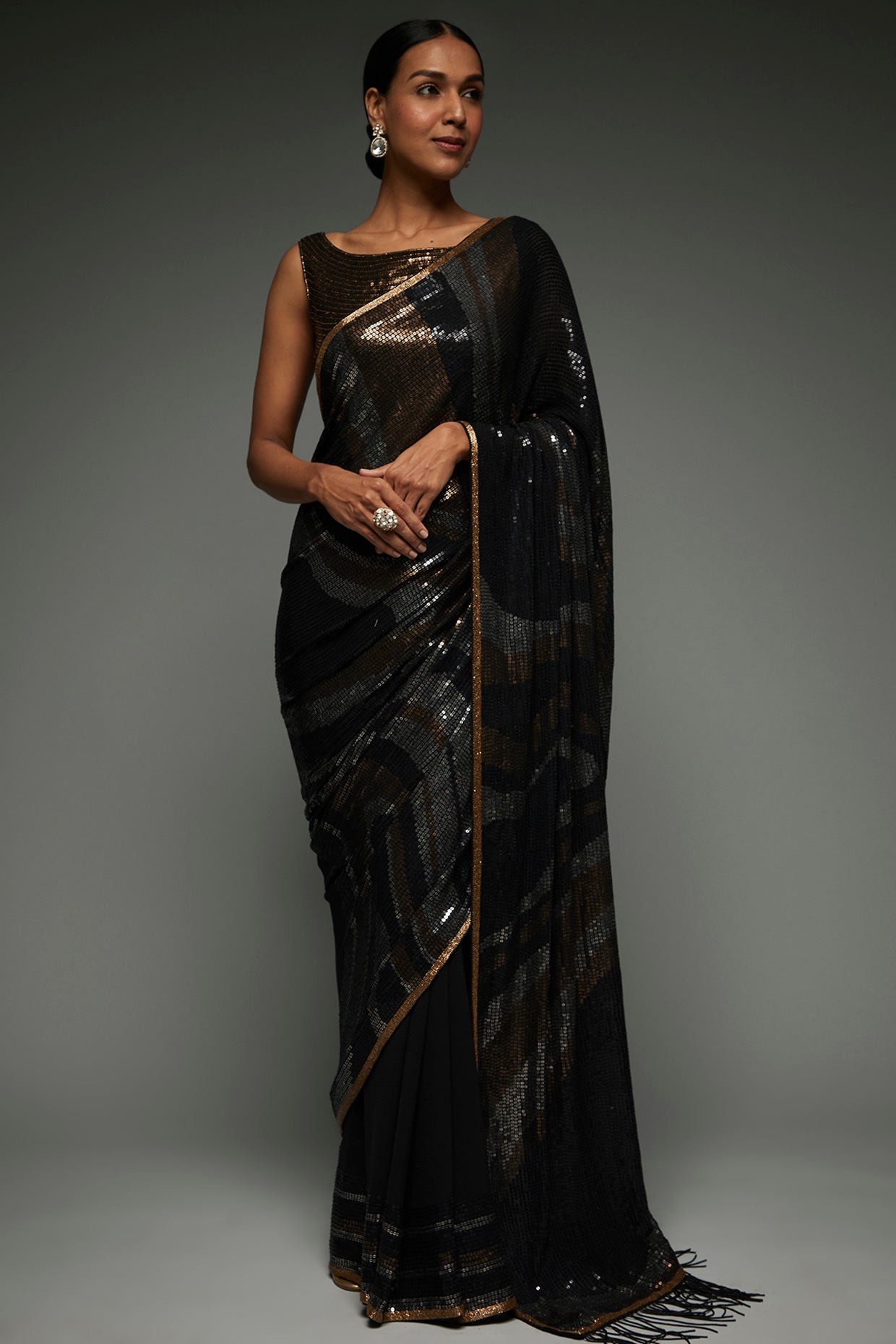 Buy Anjula Black Sequin Embroidery Georgette One Minute Saree Online – ONE  MINUTE SAREE