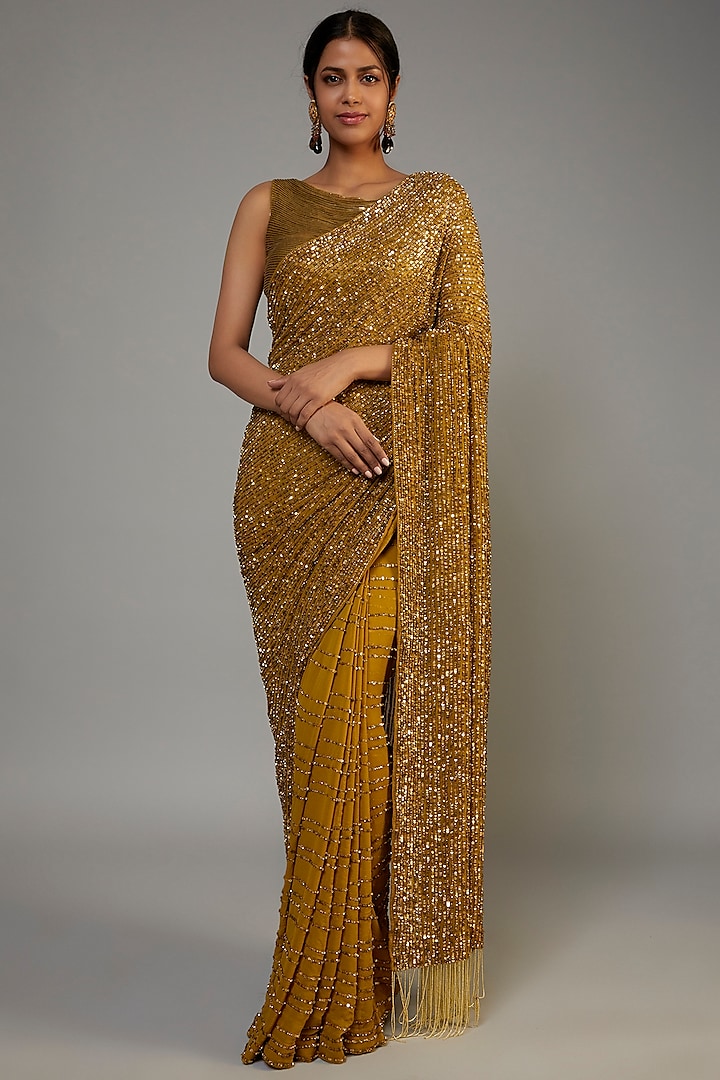 Gold Chiffon Embroidered Saree Set by Nakul Sen
