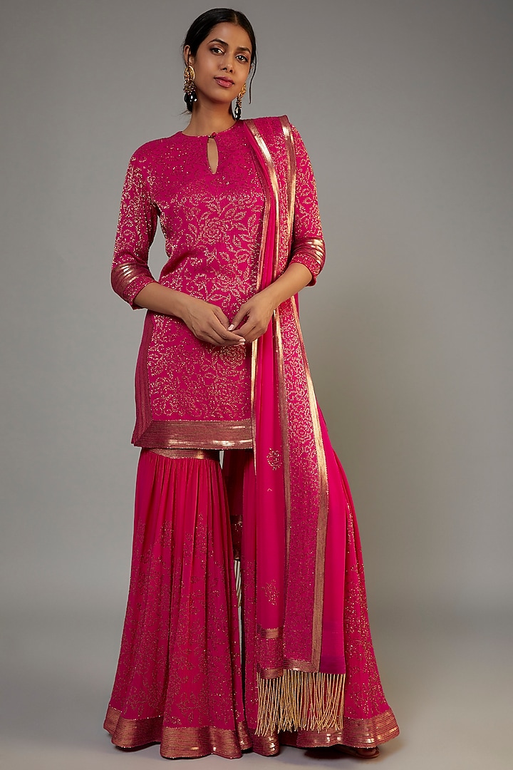 Rani Pink Silk Chiffon Sharara Set by Nakul Sen