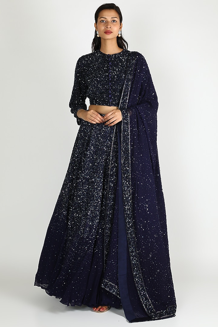 Navy Blue Embroidered Bridal Lehenga Set by Nakul Sen at Pernia's Pop Up Shop