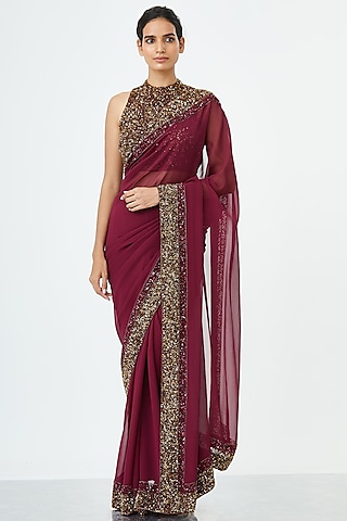 Shop Wine Sequins Embroidered Saree Set for Women Online from