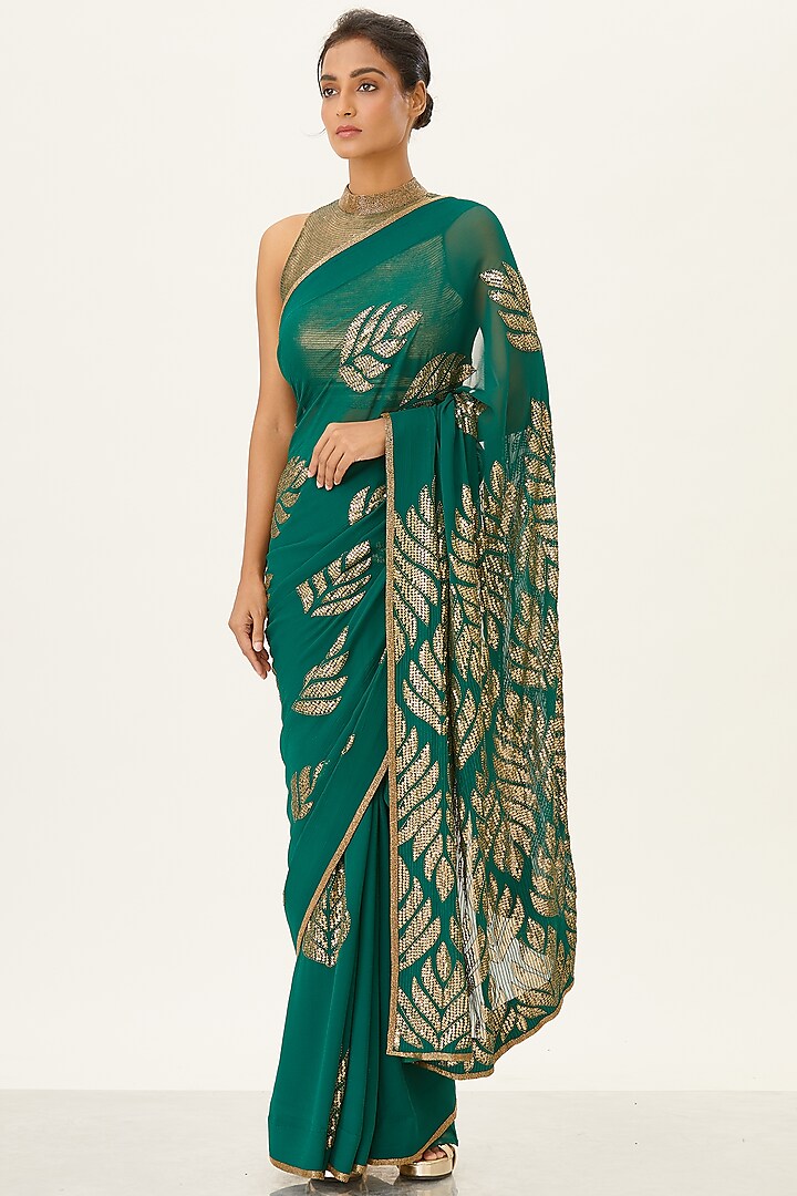 Emerald Green Sequins Embroidered Saree Set by Nakul Sen