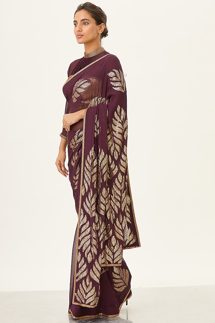 Aubergine Sequins Embroidered Saree Set by Nakul Sen