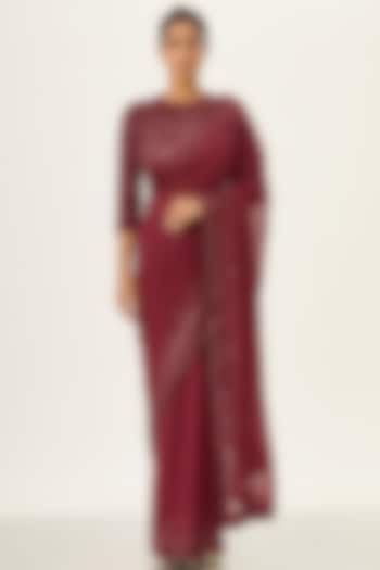 Wine Sequins Embroidered Saree Set by Nakul Sen