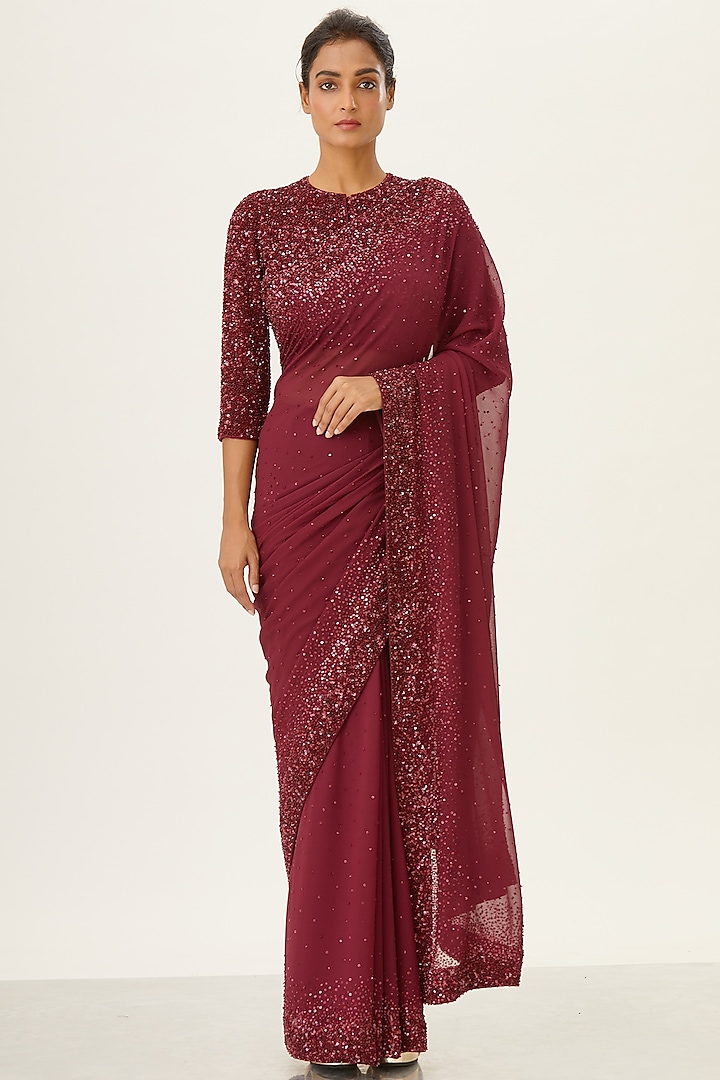 Wine Sequins Embroidered Saree Set by Nakul Sen
