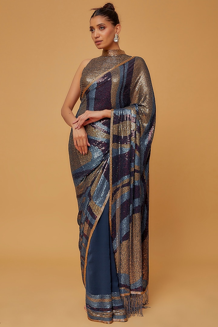 Blue Chiffon Embroidered Saree Set by Nakul Sen