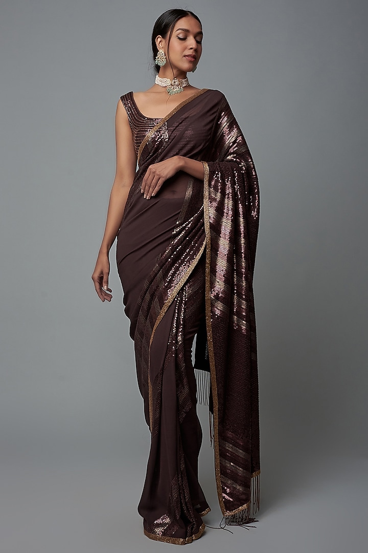 Wine Chiffon Sequins Embroidered Saree Set by Nakul Sen