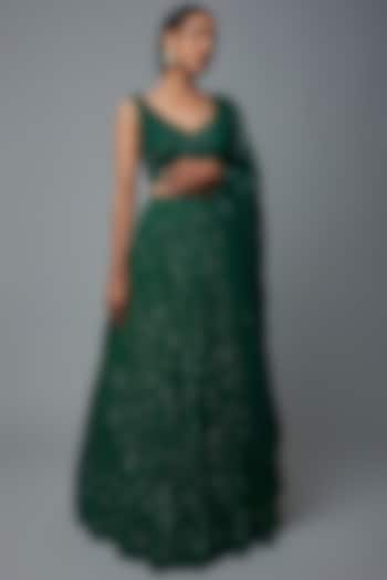 Emerald Green Silk Chiffon Embroidered Bridal Lehenga Set by Nakul Sen at Pernia's Pop Up Shop