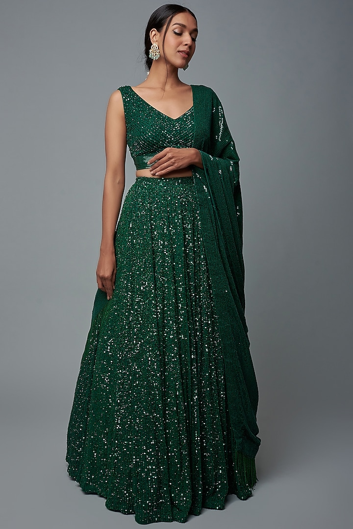 Emerald Green Silk Chiffon Embroidered Bridal Lehenga Set by Nakul Sen at Pernia's Pop Up Shop