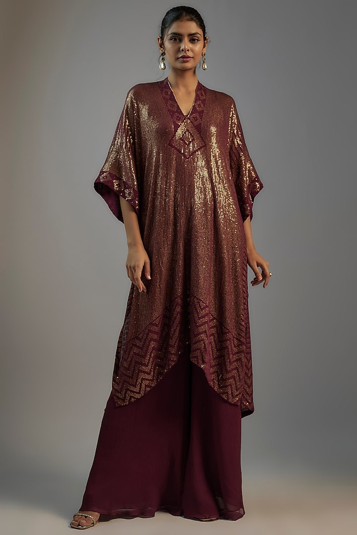 Wine Chiffon Sequins Embroidered Kaftan Set by Nakul Sen