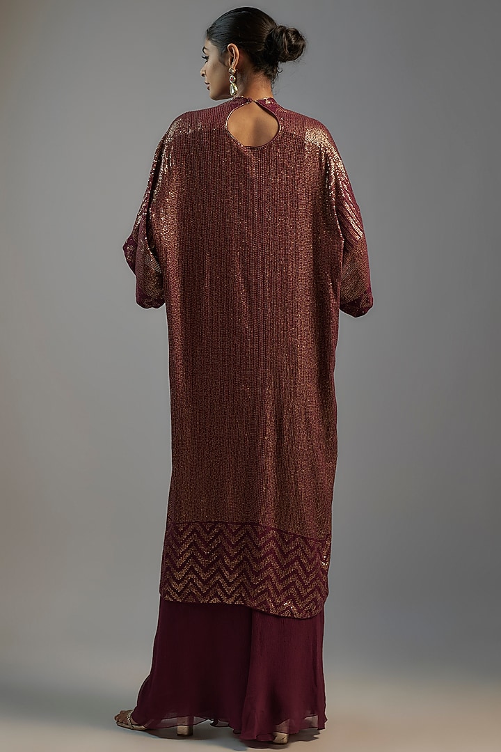 Wine Chiffon Sequins Embroidered Kaftan Set by Nakul Sen at Pernia's Pop Up Shop
