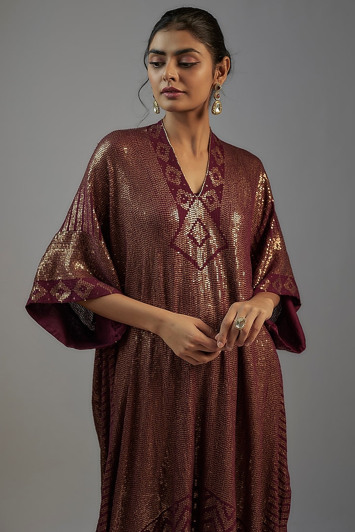 Wine Chiffon Sequins Embroidered Kaftan Set by Nakul Sen at Pernia's Pop Up Shop