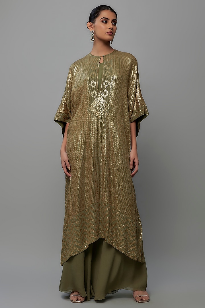 Olive Chiffon Sequins Embroidered Kaftan Set by Nakul Sen at Pernia's Pop Up Shop