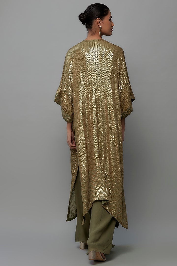 Olive Chiffon Sequins Embroidered Kaftan Set by Nakul Sen at Pernia's Pop Up Shop