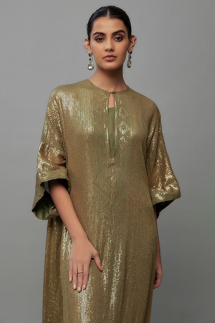 Olive Chiffon Sequins Embroidered Kaftan Set by Nakul Sen at Pernia's Pop Up Shop