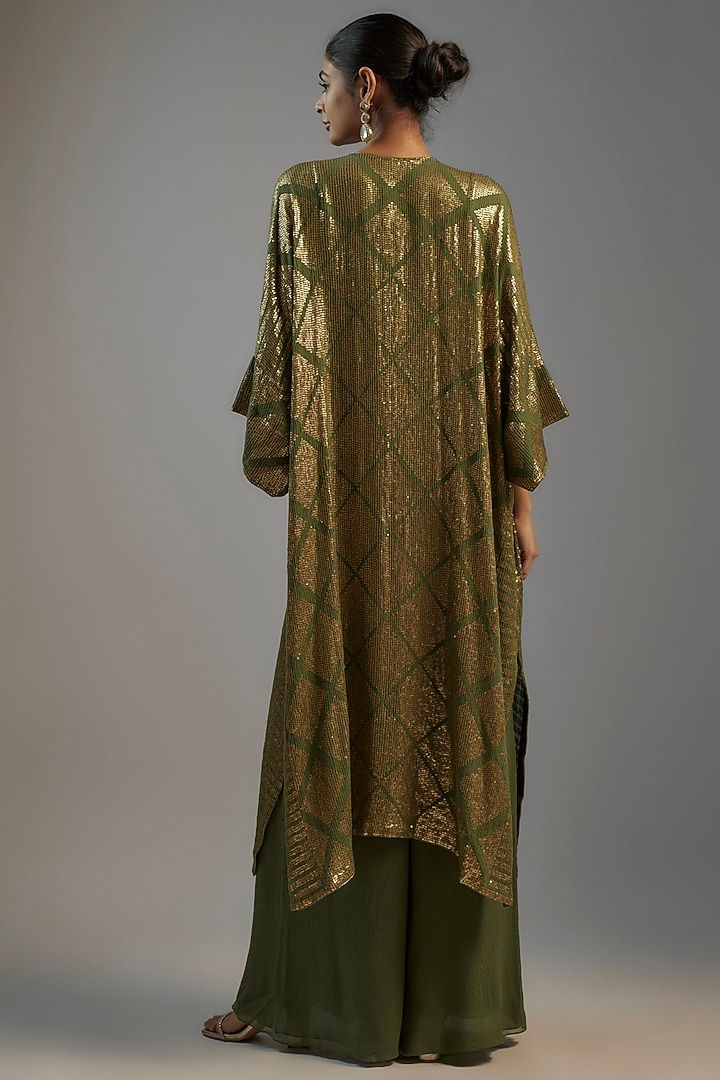 Basil Green Chiffon Sequins Embroidered Kaftan Set by Nakul Sen at Pernia's Pop Up Shop
