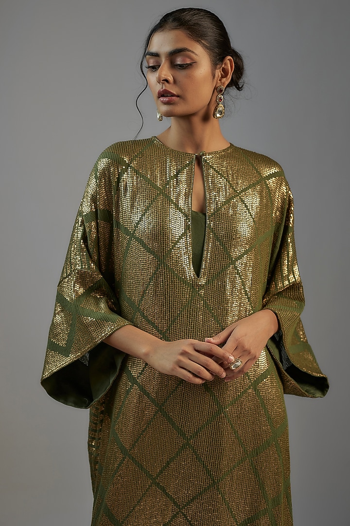 Basil Green Chiffon Sequins Embroidered Kaftan Set by Nakul Sen at Pernia's Pop Up Shop