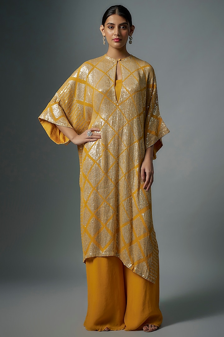 Pumpkin Orange Chiffon Sequins Embroidered Kurta Set by Nakul Sen at Pernia's Pop Up Shop