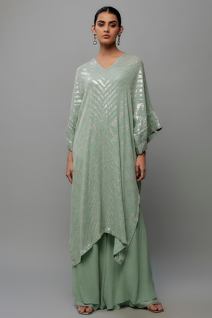 Porcelain Blue Chiffon Sequins Embroidered Kaftan Set by Nakul Sen