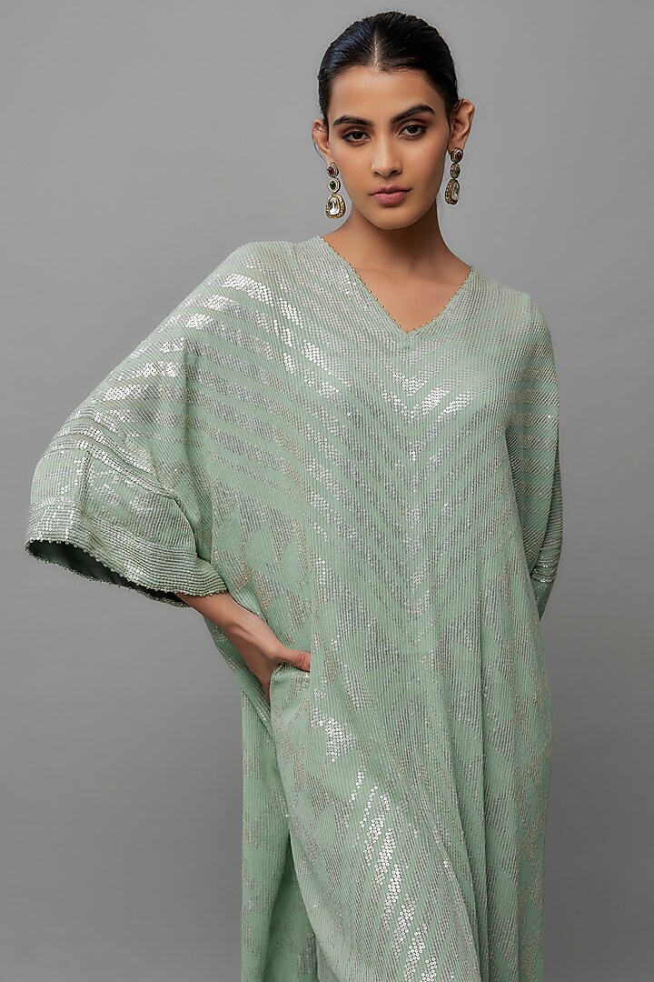 Porcelain Blue Chiffon Sequins Embroidered Kaftan Set by Nakul Sen at Pernia's Pop Up Shop