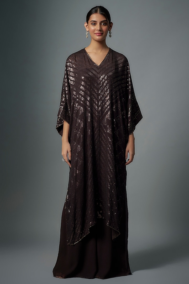 Coffee Brown Chiffon Sequins Embroidered Kaftan Set by Nakul Sen at Pernia's Pop Up Shop