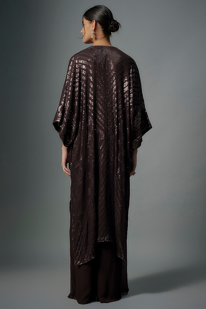 Coffee Brown Chiffon Sequins Embroidered Kaftan Set by Nakul Sen at Pernia's Pop Up Shop