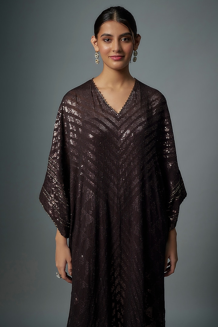 Coffee Brown Chiffon Sequins Embroidered Kaftan Set by Nakul Sen at Pernia's Pop Up Shop