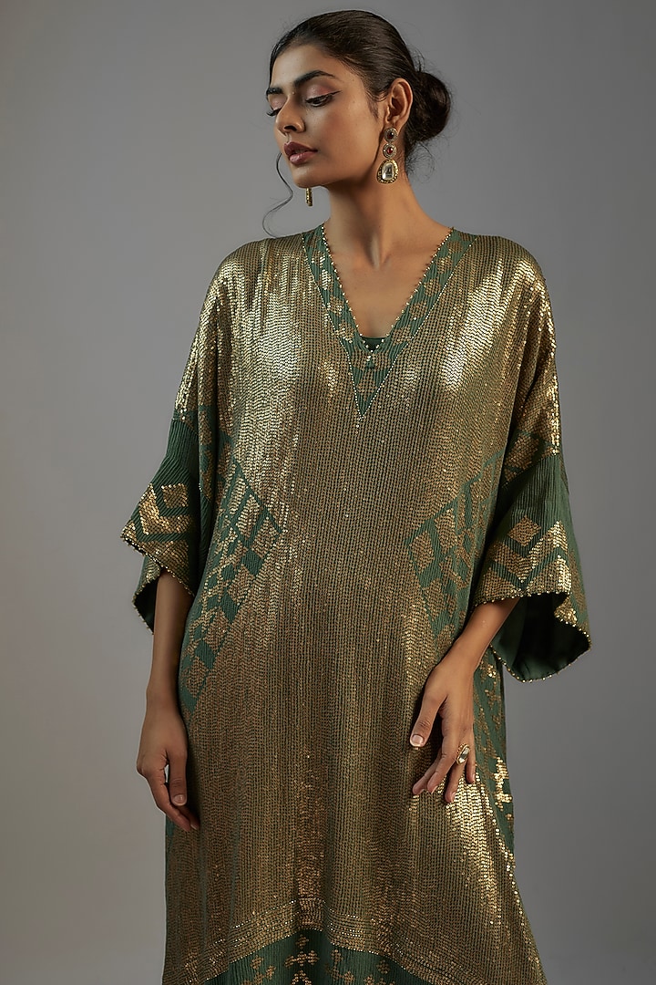 Green Chiffon Sequins Embroidered Kaftan Set by Nakul Sen at Pernia's Pop Up Shop