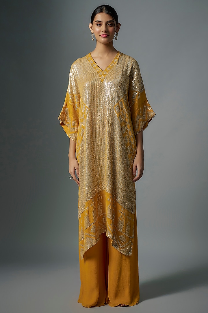 Pumpkin Orange Chiffon Sequins Embroidered Kurta Set by Nakul Sen at Pernia's Pop Up Shop