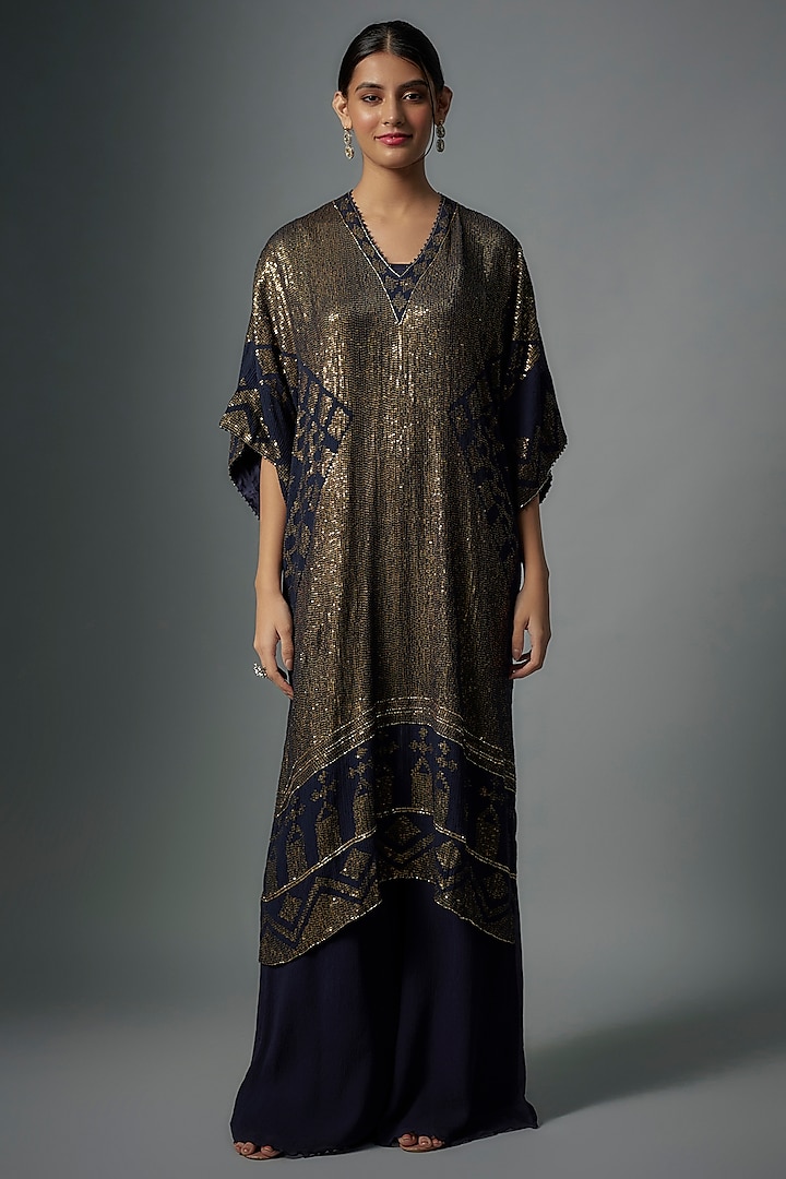 Navy Blue Chiffon Sequins Embroidered Kaftan Set by Nakul Sen at Pernia's Pop Up Shop