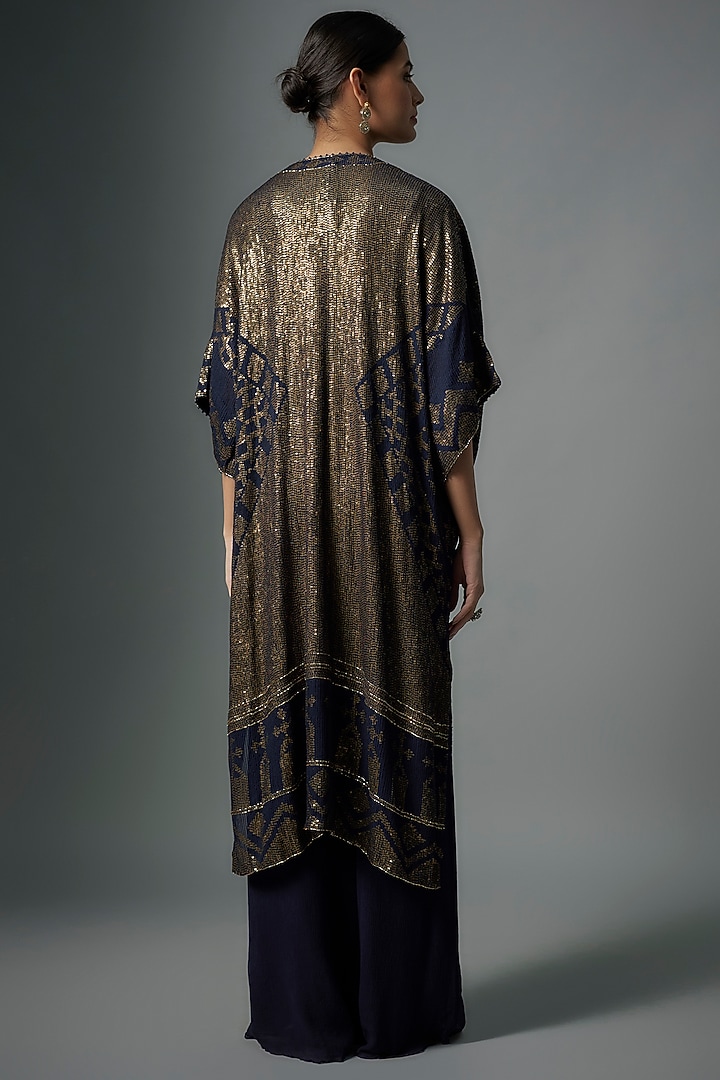 Navy Blue Chiffon Sequins Embroidered Kaftan Set by Nakul Sen at Pernia's Pop Up Shop
