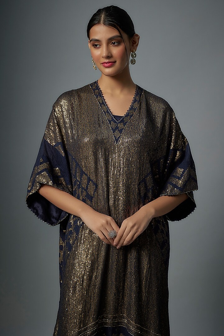 Navy Blue Chiffon Sequins Embroidered Kaftan Set by Nakul Sen at Pernia's Pop Up Shop