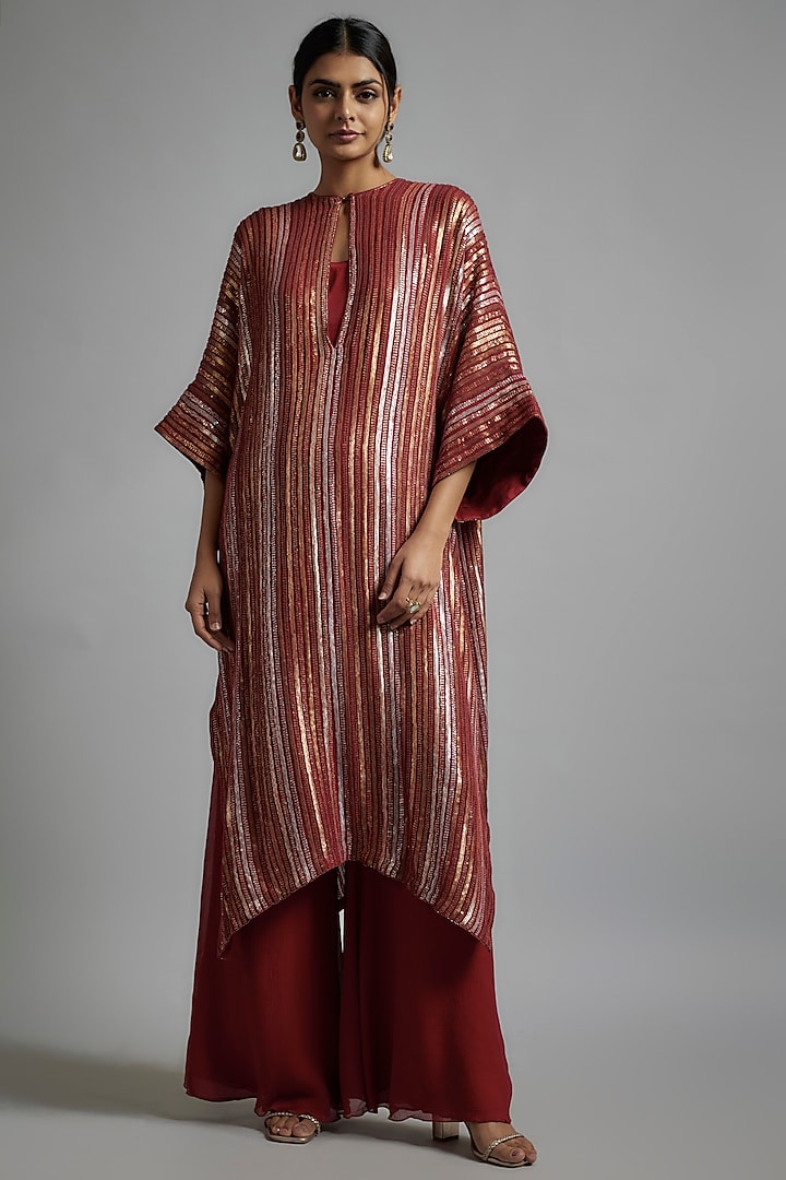 Red Chiffon Sequins Embroidered Kaftan Set by Nakul Sen