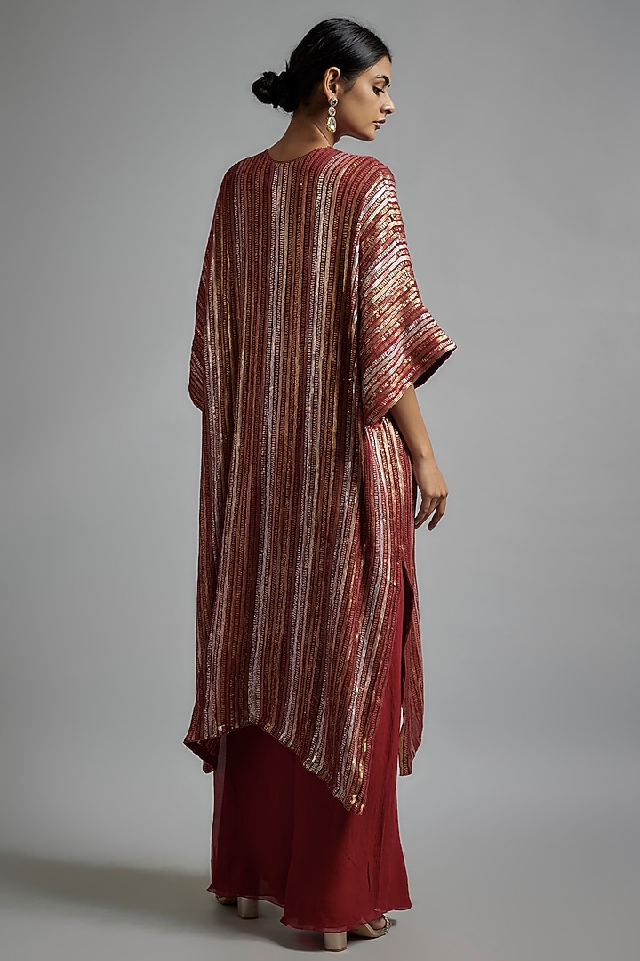 Red Chiffon Sequins Embroidered Kaftan Set by Nakul Sen at Pernia's Pop Up Shop
