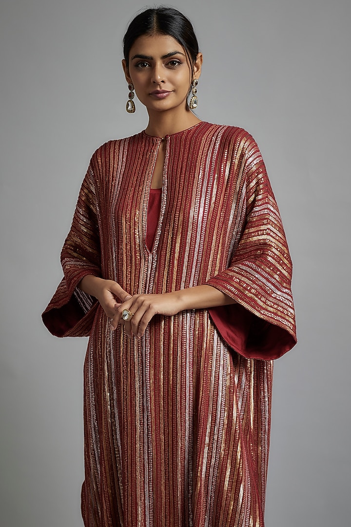 Red Chiffon Sequins Embroidered Kaftan Set by Nakul Sen at Pernia's Pop Up Shop