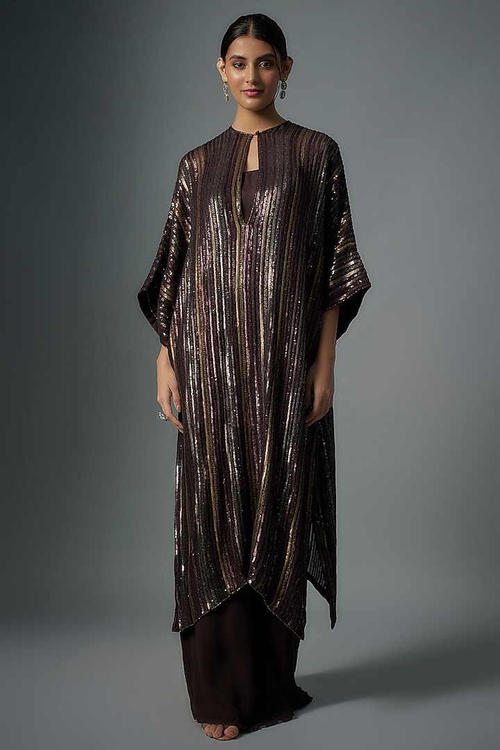 Coffee Brown Chiffon Sequins Embroidered Kaftan Set by Nakul Sen at Pernia's Pop Up Shop