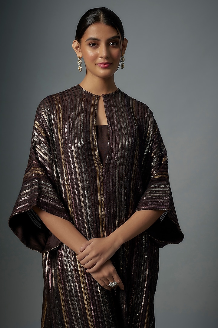 Coffee Brown Chiffon Sequins Embroidered Kaftan Set by Nakul Sen at Pernia's Pop Up Shop