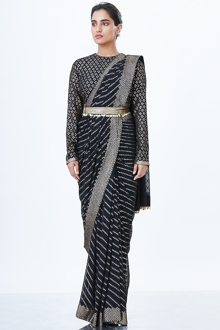 Black Embroidered Saree Set, DOES NOT INCLUDE THE BELT IN THE PRICE by Nakul Sen