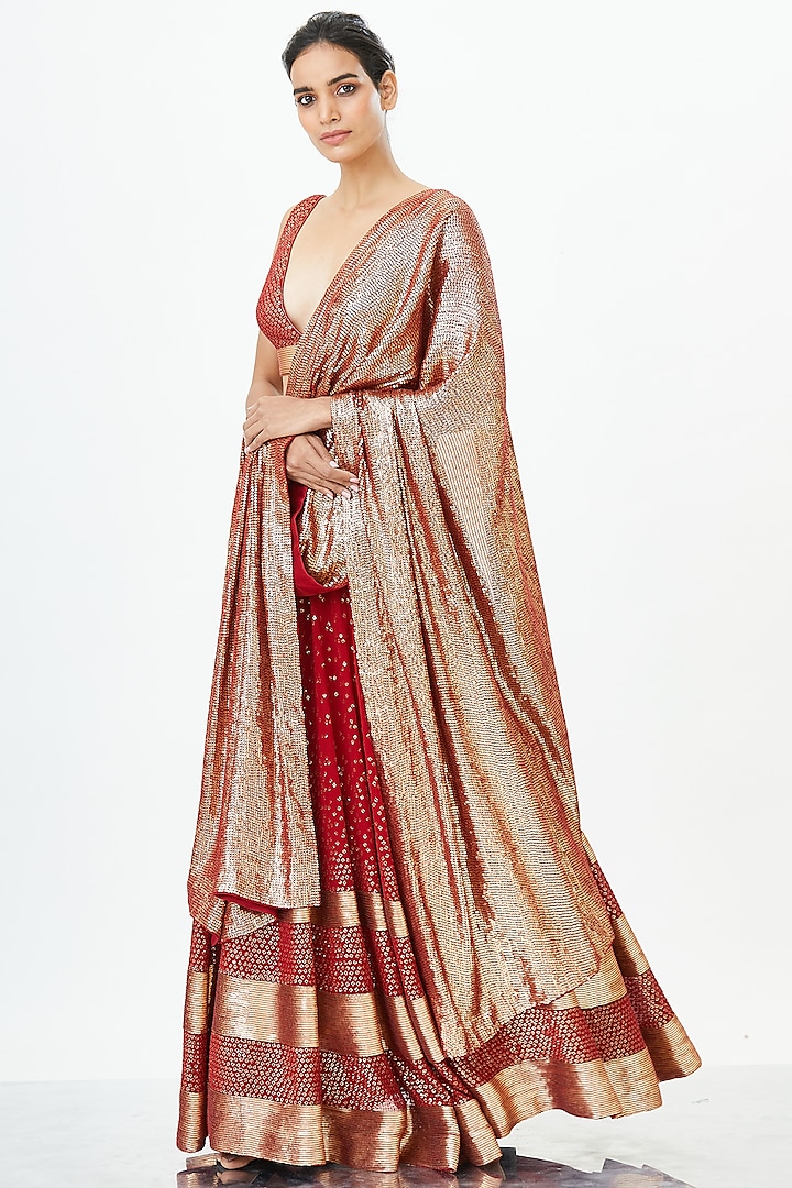 Red & Gold Embroidered Lehenga Set by Nakul Sen