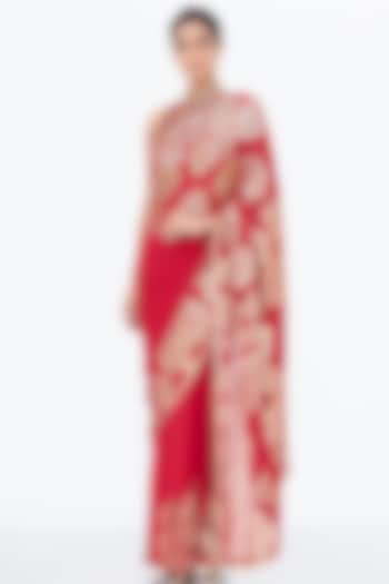 Red Rose Embroidered Saree Set by Nakul Sen