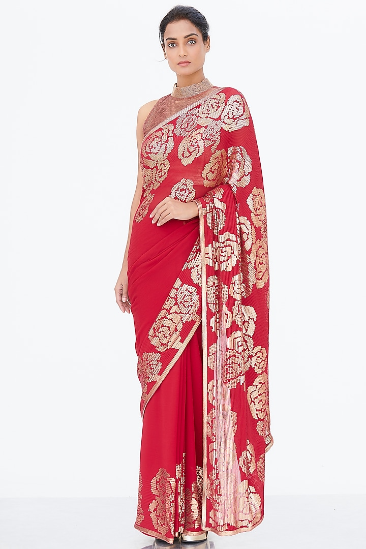 Red Rose Embroidered Saree Set by Nakul Sen