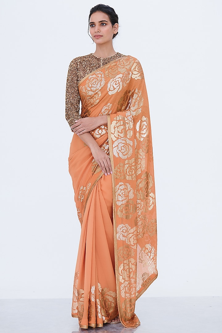 Orange Embroidered Saree Set by Nakul Sen